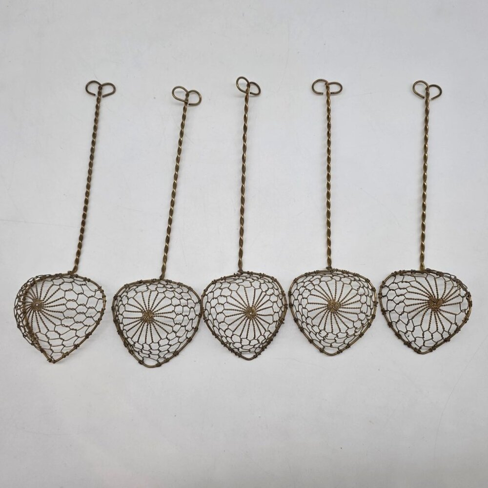 Set Of 5 Vintage Brass Wire Heart Shaped Colander Spoons Strainers 9" - Picture 1 of 8